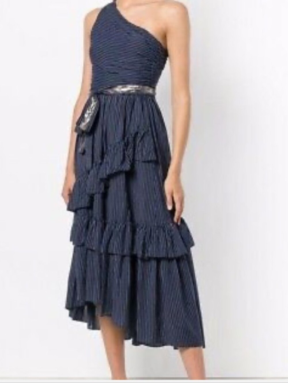 ULLA JOHNSON Amber Striped Ruffle Tiered Cotton One Shoulder Dress in Midnight